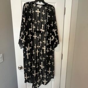 MEET ME IN MIAMI Sheer Gothic Cross Silver Grommets Maxi Kimono OS Witchy Punk